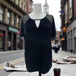 Anne Klein Black Blouse L Sheer Polka Dot Sleeve Keyhole Top Elegant Career